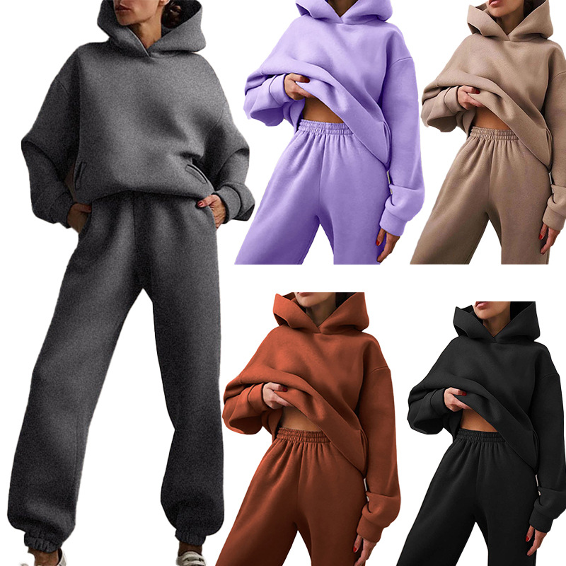 Women's Solid Hoodie and Pants Set Casual Two-Piece