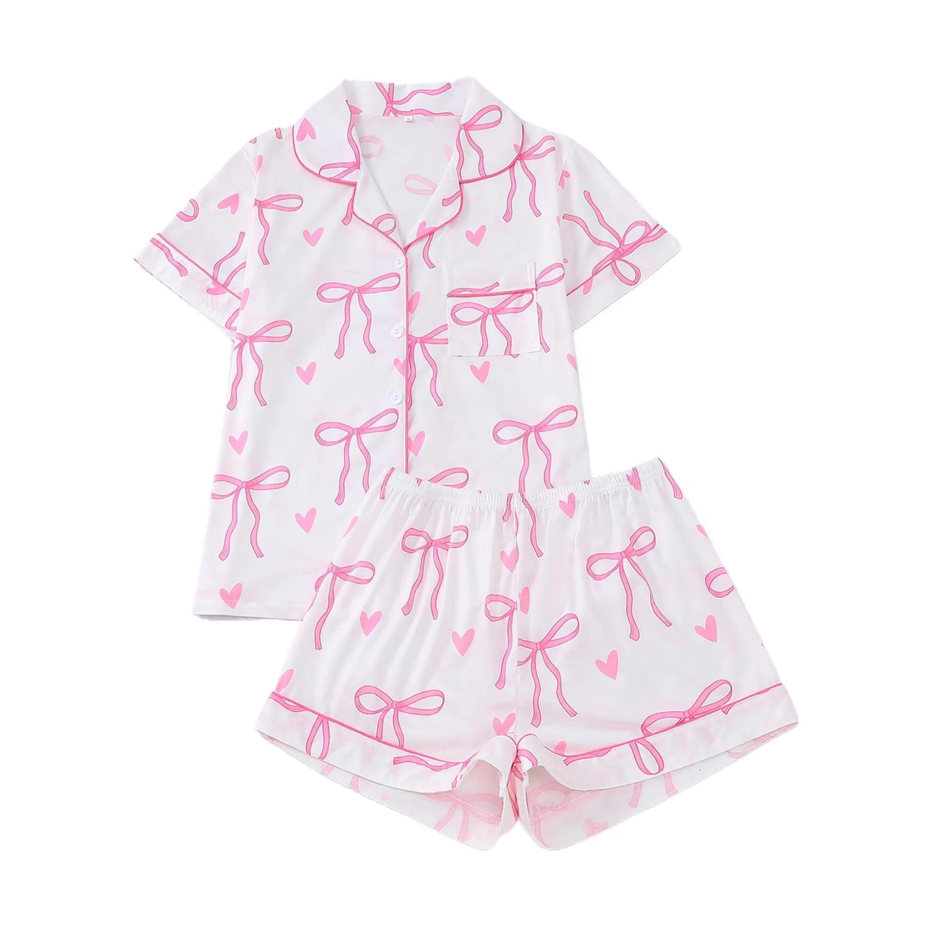 Women's Cuban Collar Short Sleeve Shirt Set with Ribbon Bow