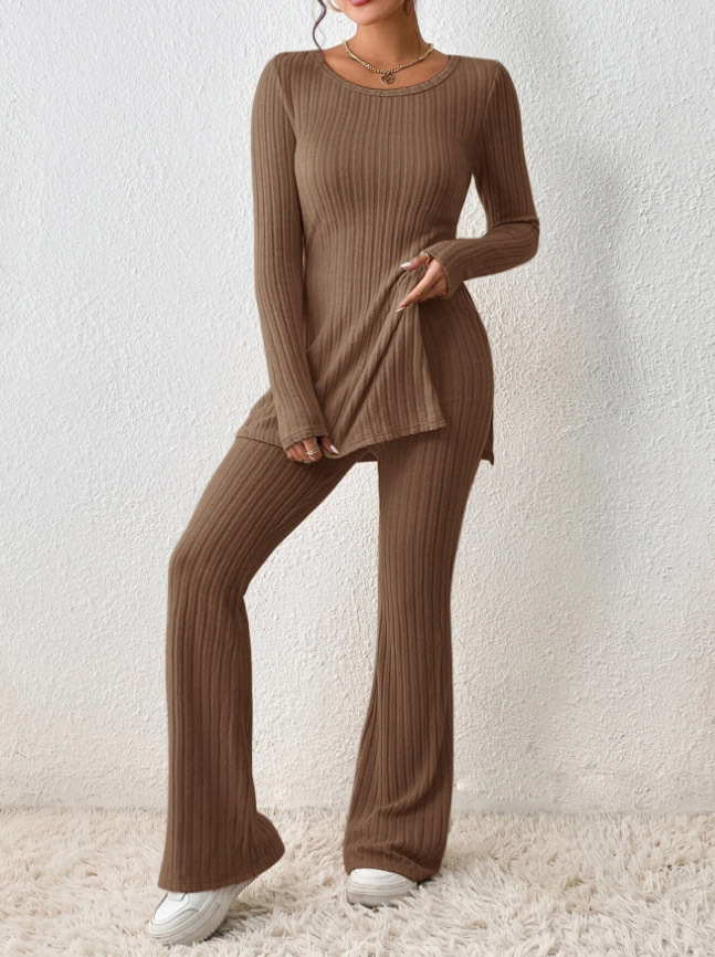 Women's Solid Color Slim Fit Ribbed Knit Lounge Set Long Sleeve Sweater and Pants