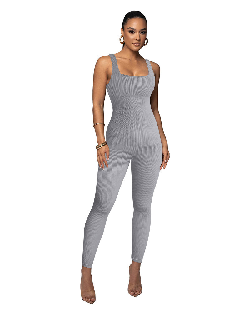 Sexy Sleeveless Square Neck Ribbed Yoga Bodysuit Tummy Control Butt Lifting