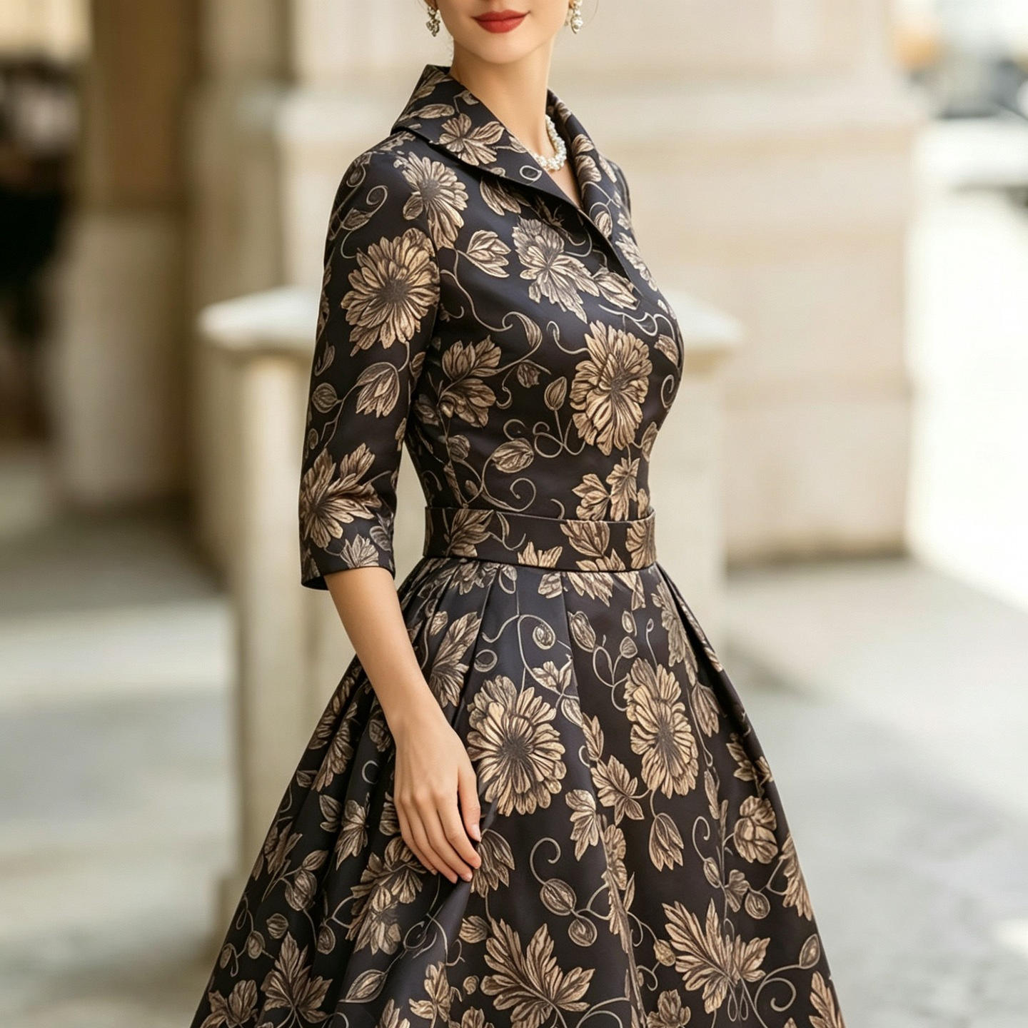 French Vintage Gold Brown Print Dress V-Neck Waist Cinched Seven Sleeve Flared Skirt