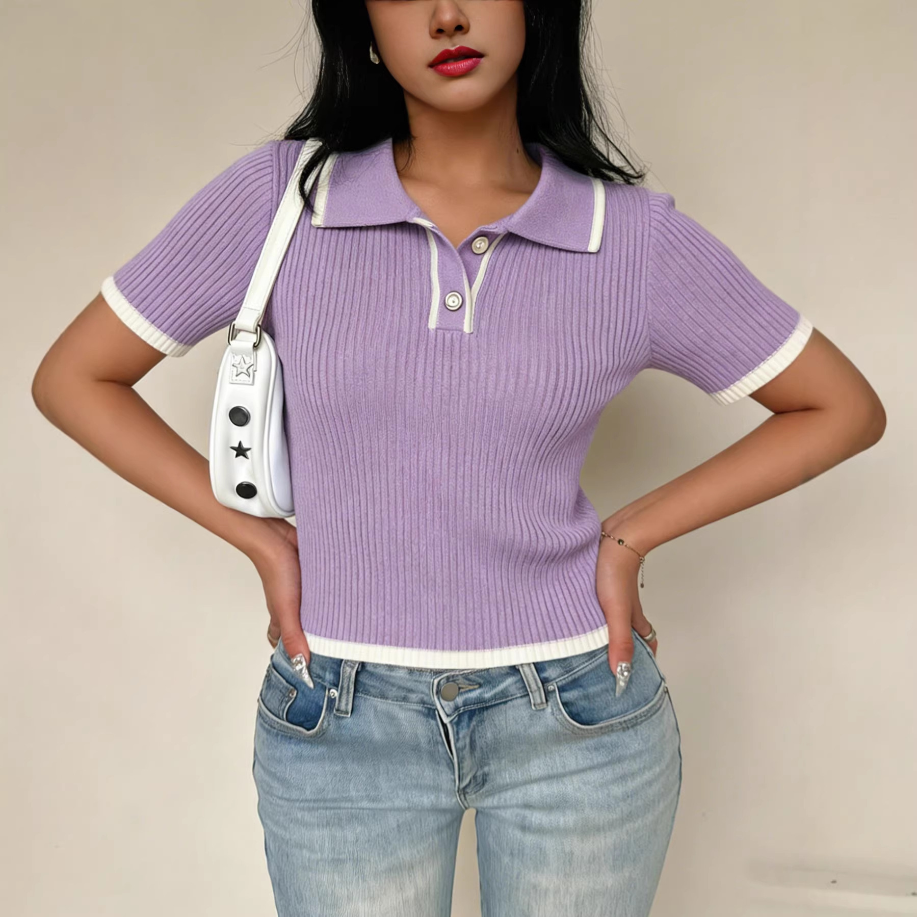 Women's Color-Block Collared Polo Shirt Casual Commuter Top