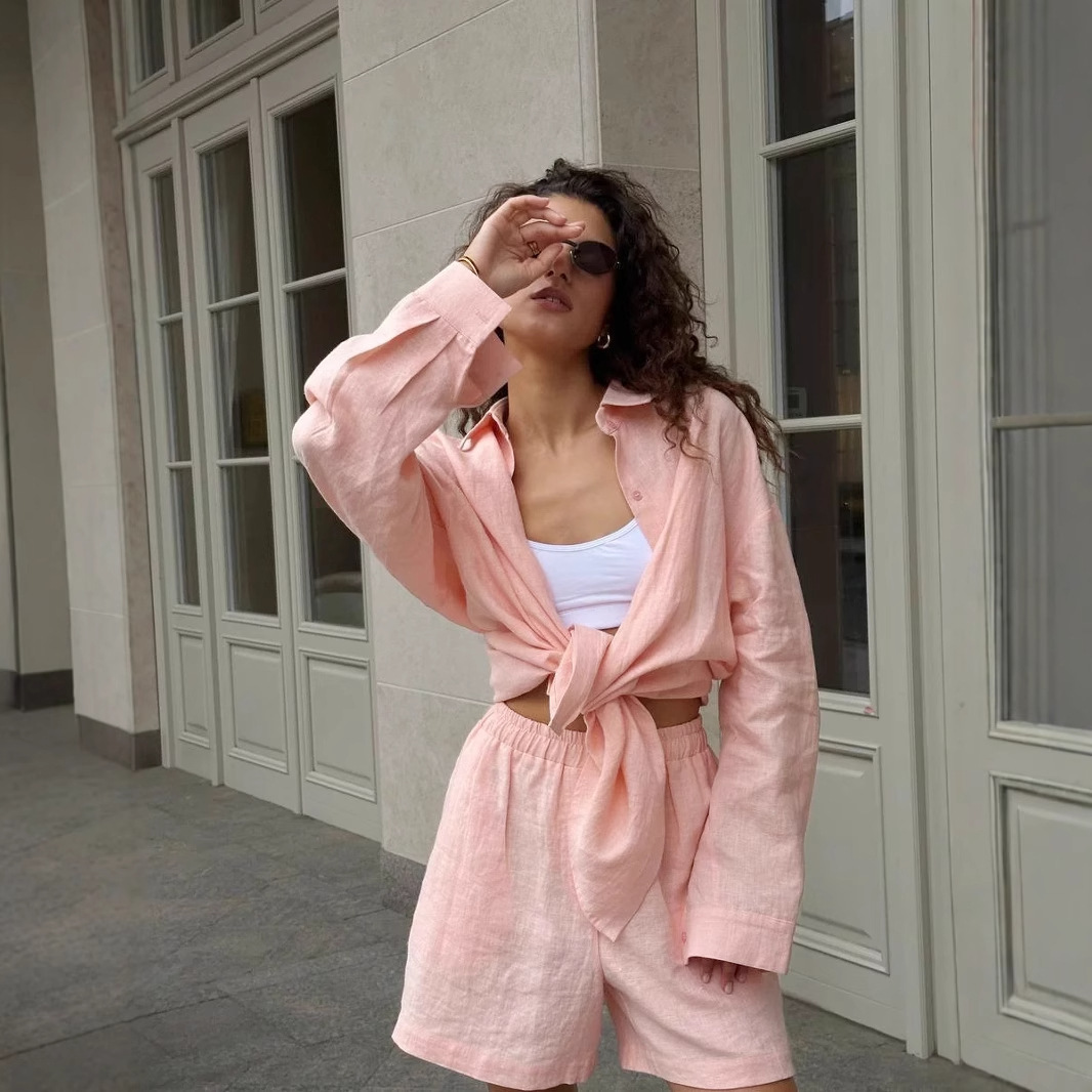 Long Sleeve Button Cardigan and Shorts Set Solid Color Casual
