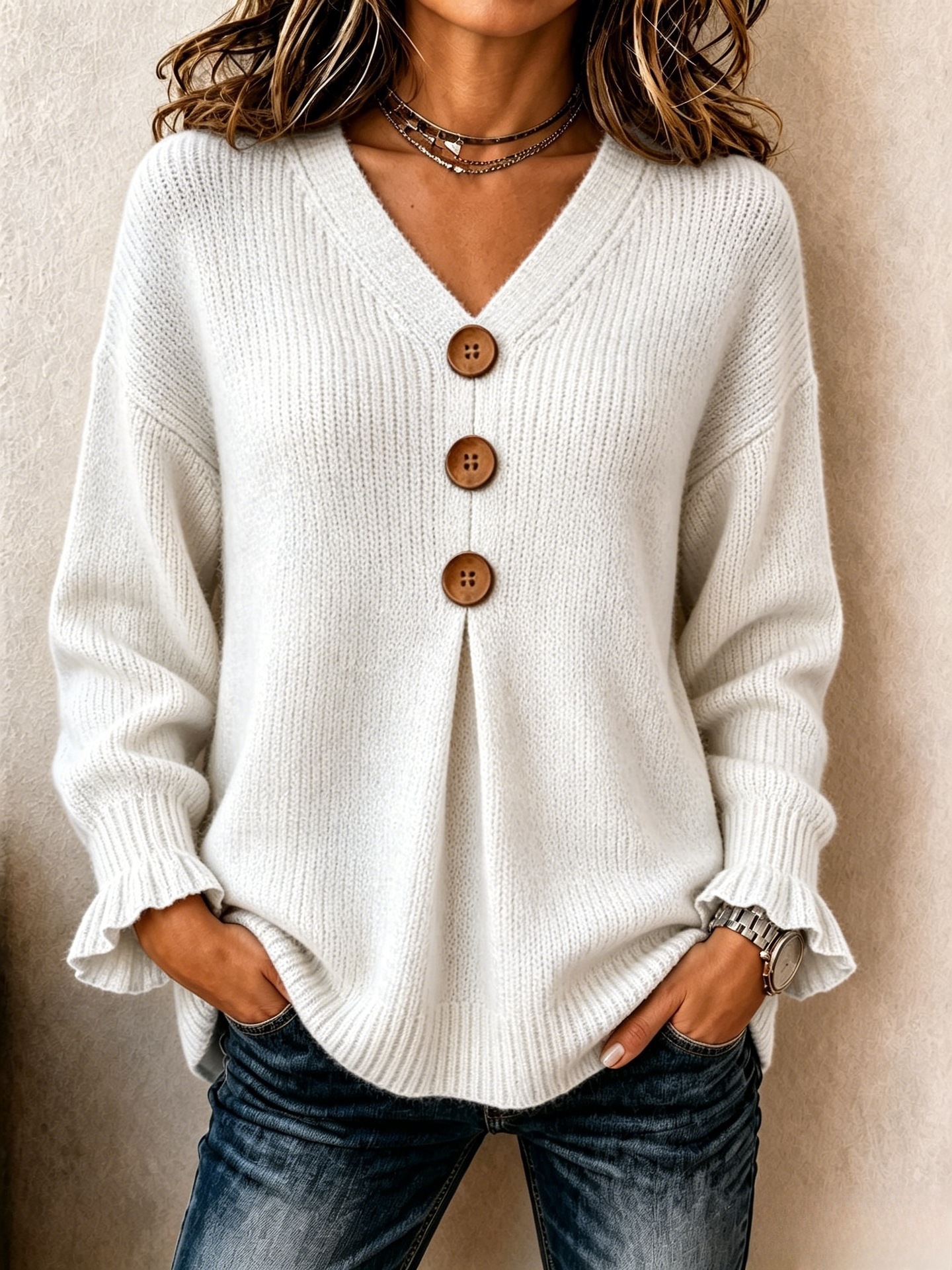 V-Neck Button Knit Sweater with Ruffle Cuffs Loose Relaxed Fit