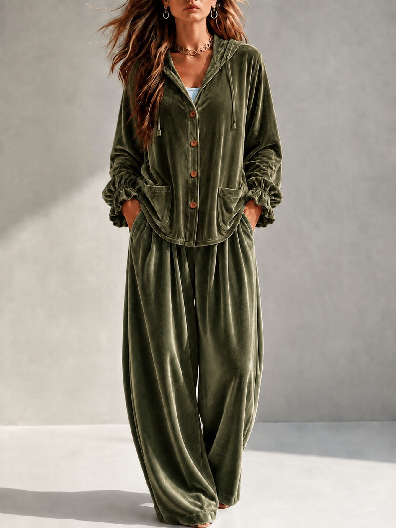 Velvet Open-Front Cardigan and Pants Two-Piece Set with Pockets