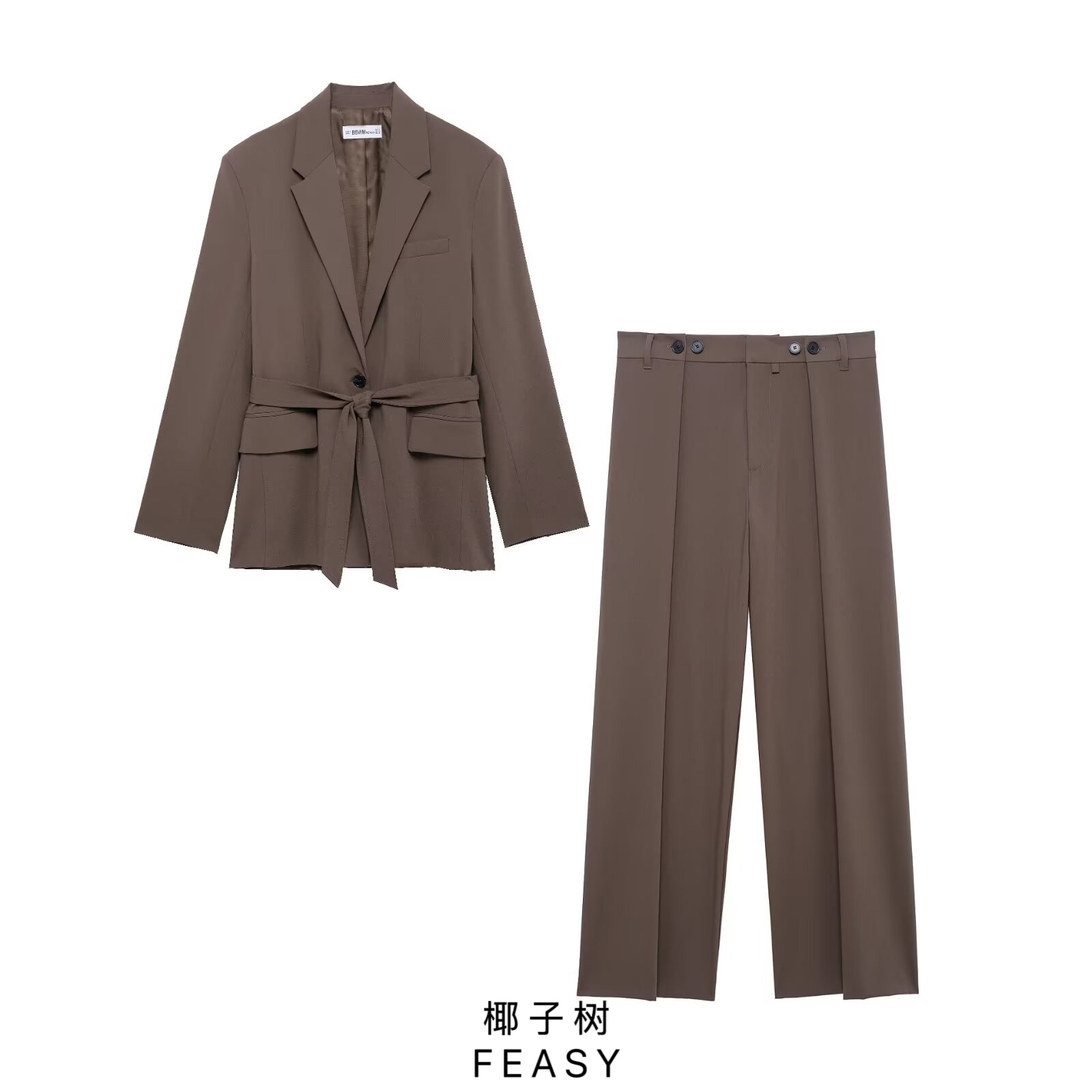 Women's Belted Satin Blazer and Pants Set