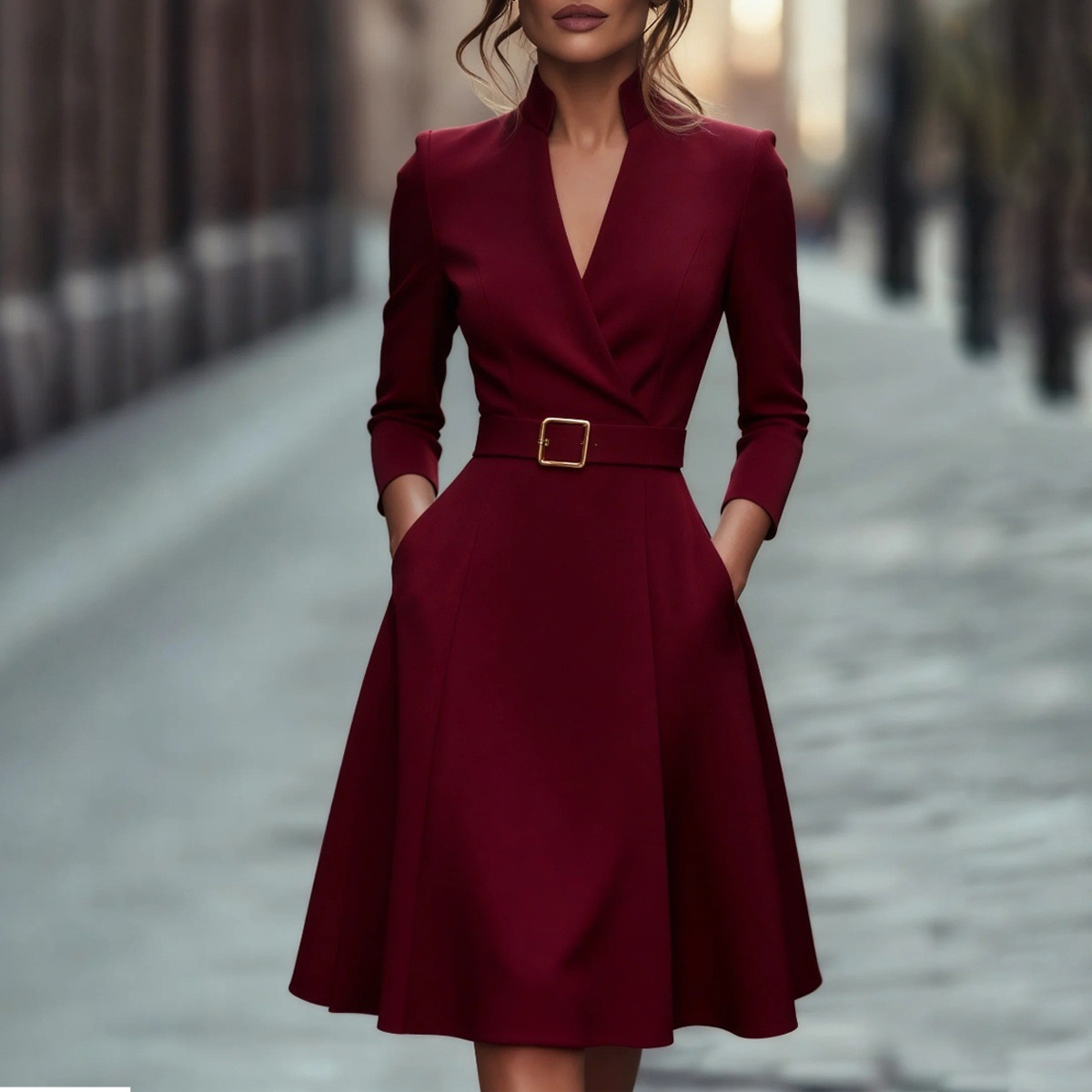 Solid V-Neck Waist-Cinched A-Line Long Sleeve Midi Dress