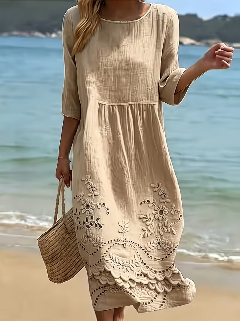 Women's Floral Print Pleated Midi Dress Round Neck Half Sleeve