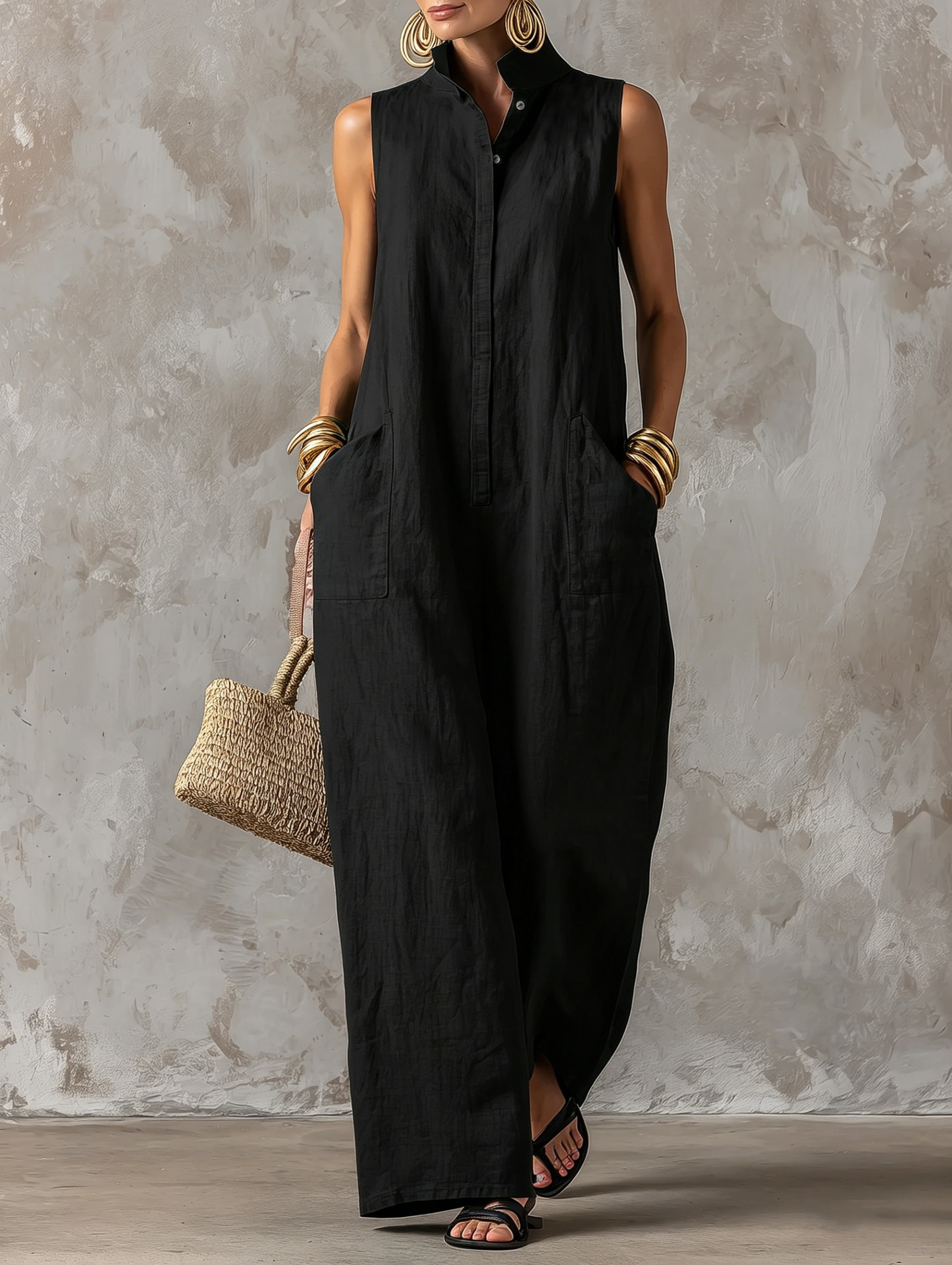 Women's Sleeveless Linen-Blend Jumpsuit with Stand Collar and Button Front Wide-Leg Pants