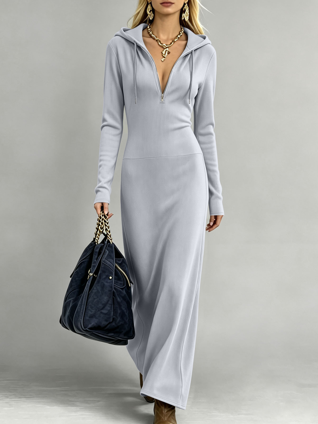 Hooded Half-Zip Long Sleeve Maxi Dress Slimming Casual