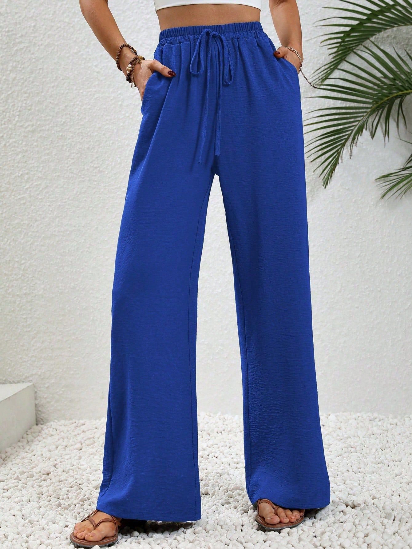 Women's Loose Wide-Leg Solid Color Floor-Length Casual Pants
