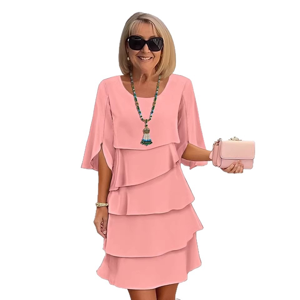 Women's Solid Color Round Neck Tiered Ruffle Dress