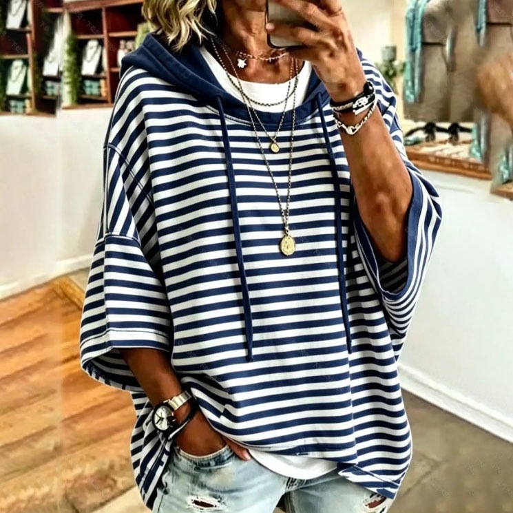 Women's Striped Hooded Pullover Sweatshirt with 3/4 Sleeves