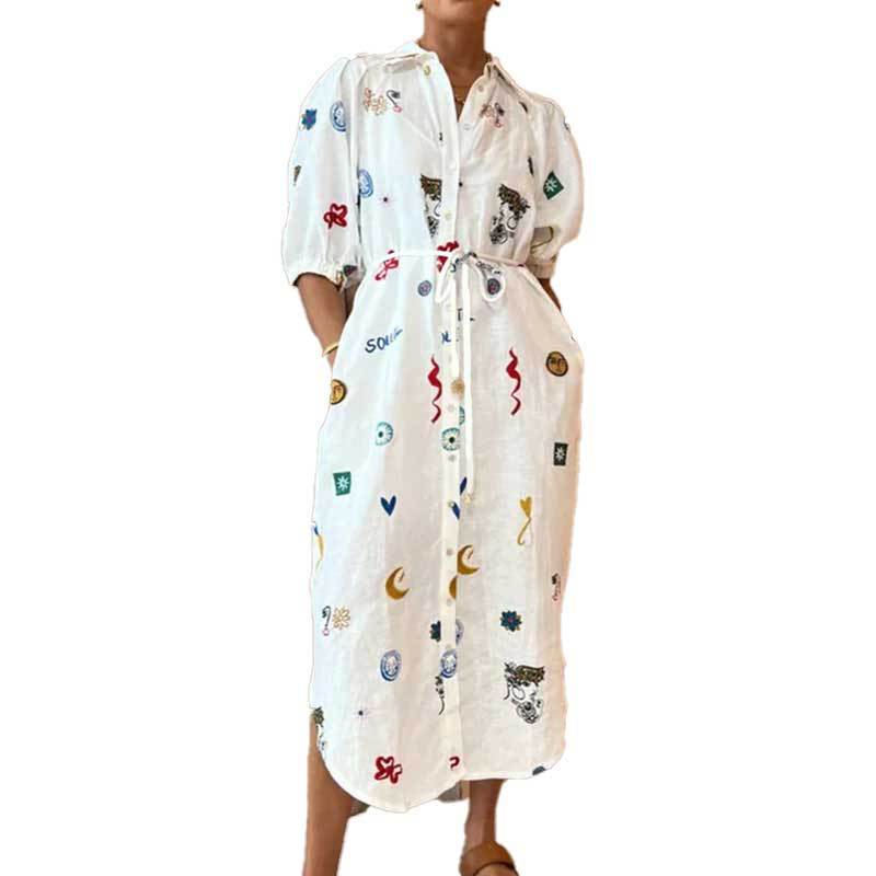 Floral Print Midi Dress with Collar and Tie Waist
