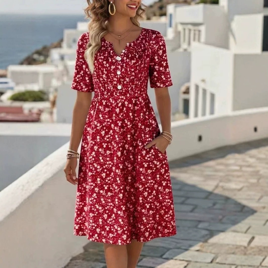 Women's Floral Print V-Neck Midi Dress Short Sleeve
