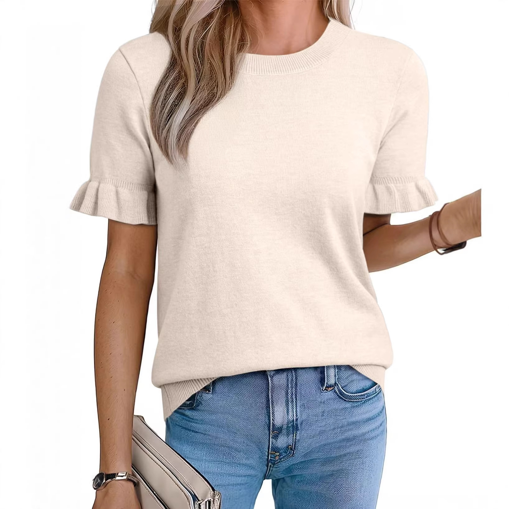 Solid Crewneck Puff Sleeve Knit Top