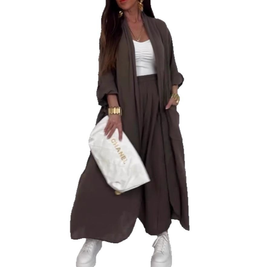 Women's Solid Color Open-Front Long Cardigan Shirt Casual Set