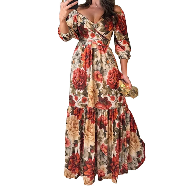 Women's Pleated Floral Print Maxi Dress with V-Neck and High Waist