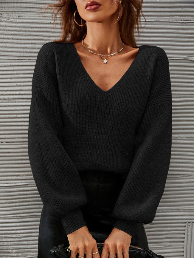 V-Neck Long-Sleeve Solid Knit Sweater