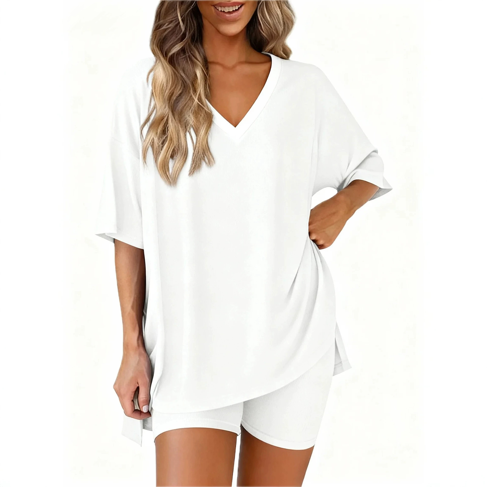 Women's V-Neck Solid Color Loose Pajama Set