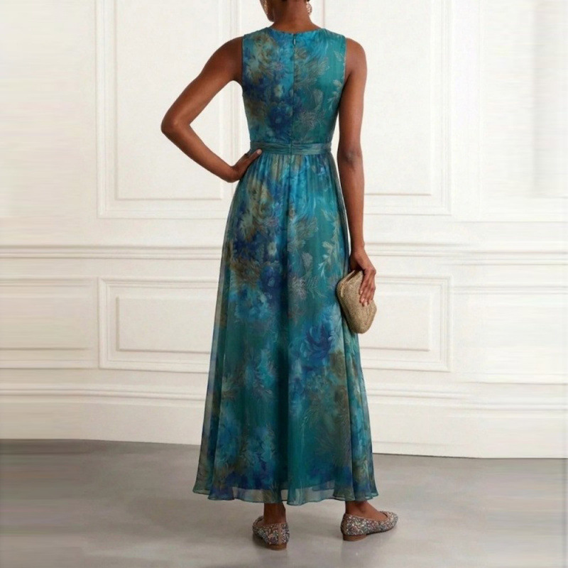 V-Neck Printed Waist-Defined Sleeveless Long Dress