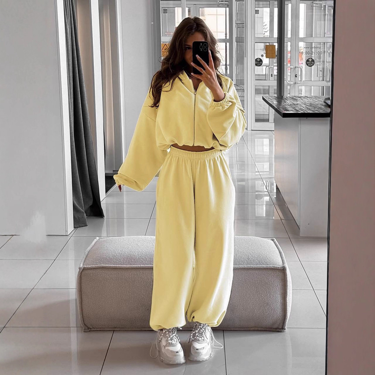 Women's Solid Color Zip-Up Hooded Cardigan & Wide-Leg Jogger Two-Piece Set