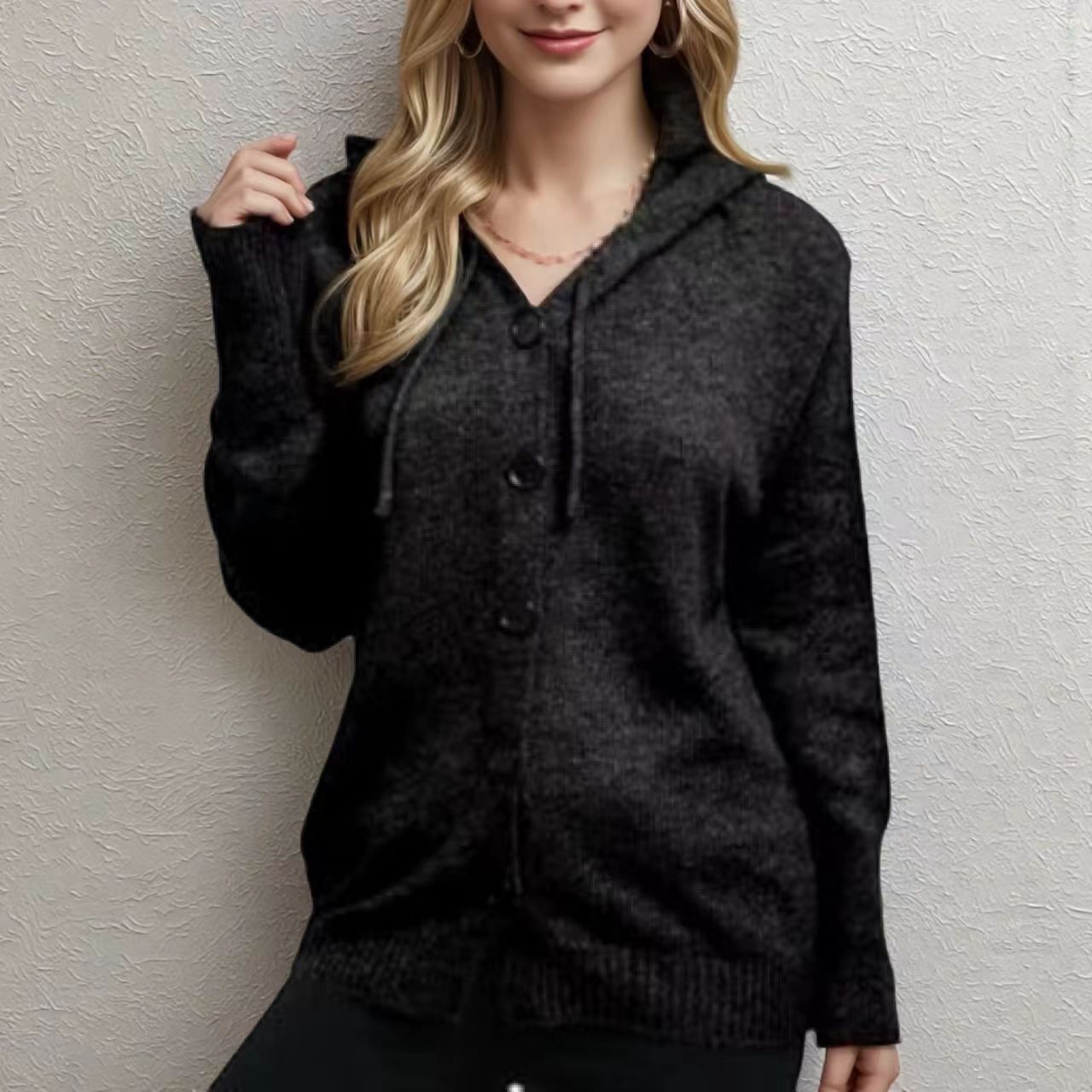 Women's Hooded Button-Front Cardigan Sweater V-Neck Solid Knit