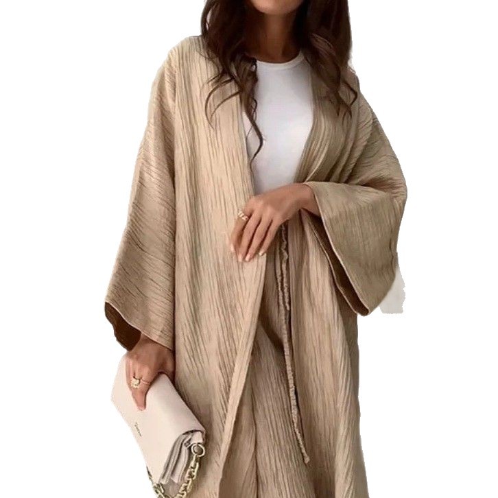 Minimalist Crinkle Textured Two-Piece Set with Long Kimono Sleeve Cardigan and High-Waist Wide-Leg Pants