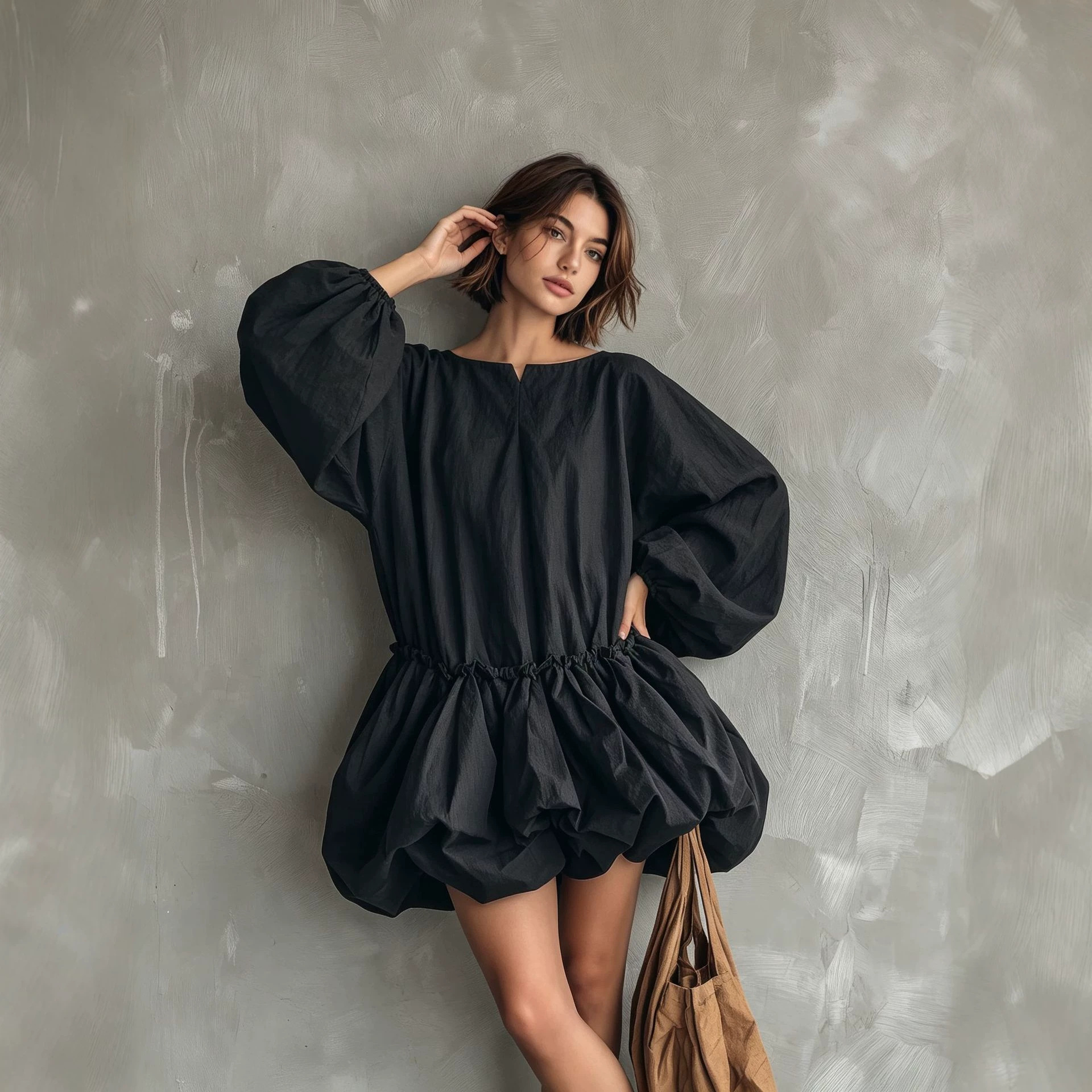 Solid Crewneck Puff Sleeve Long Sleeve Cinched Waist Bubble Dress