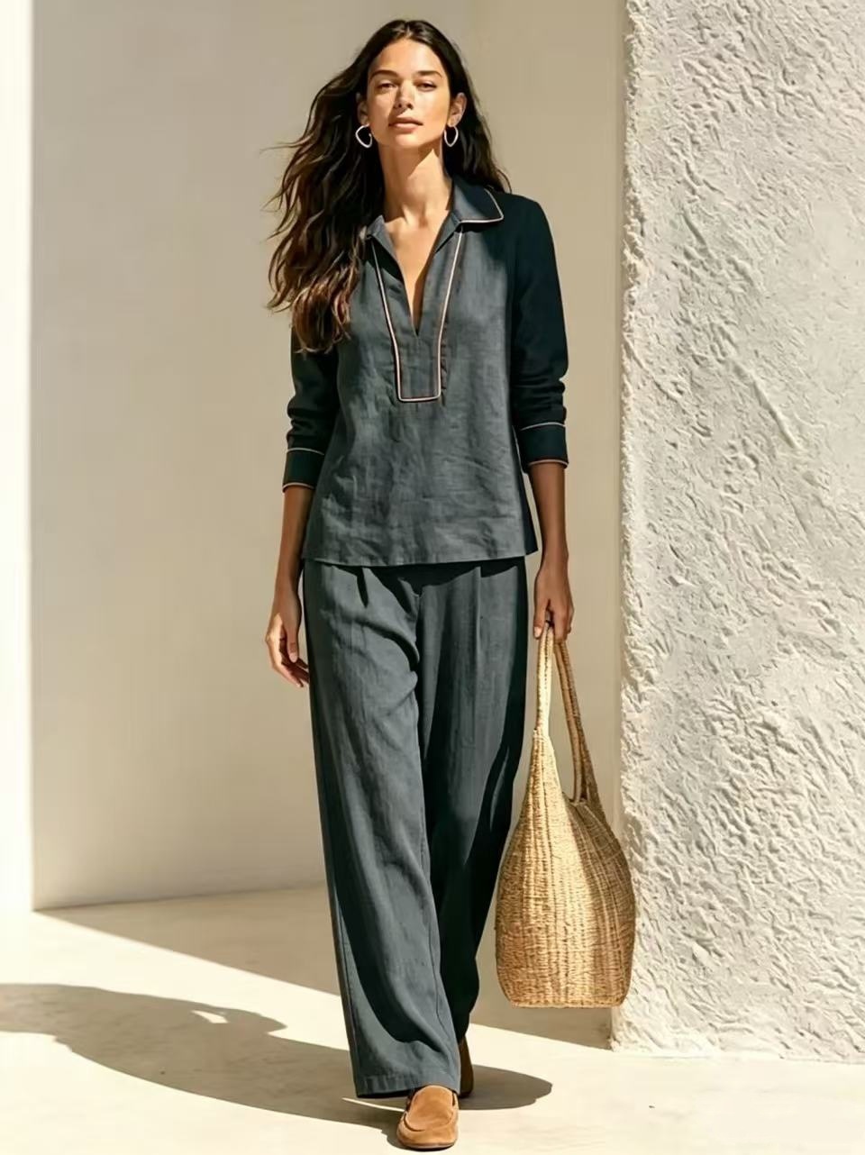Women's Linen-Blend Pullover Hoodie Two-Piece Set Long Sleeve