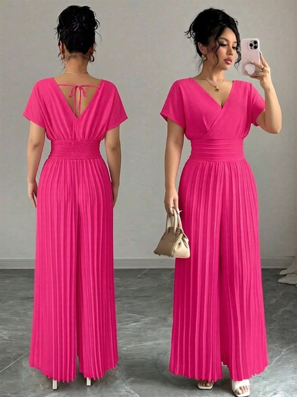 Elegant Solid V-Neck Pleated Waist-Defining Wide-Leg Jumpsuit