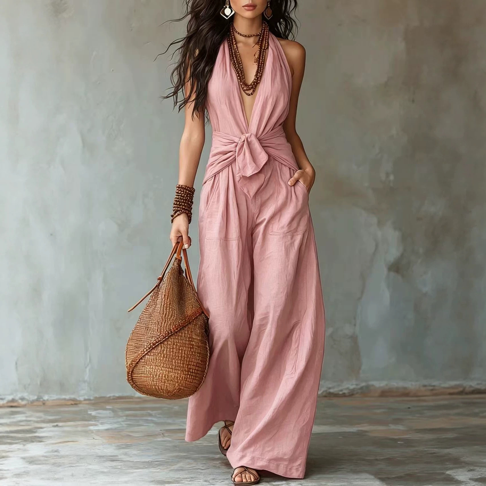 Sleeveless Halter Tie-Waist Wide-Leg Jumpsuit