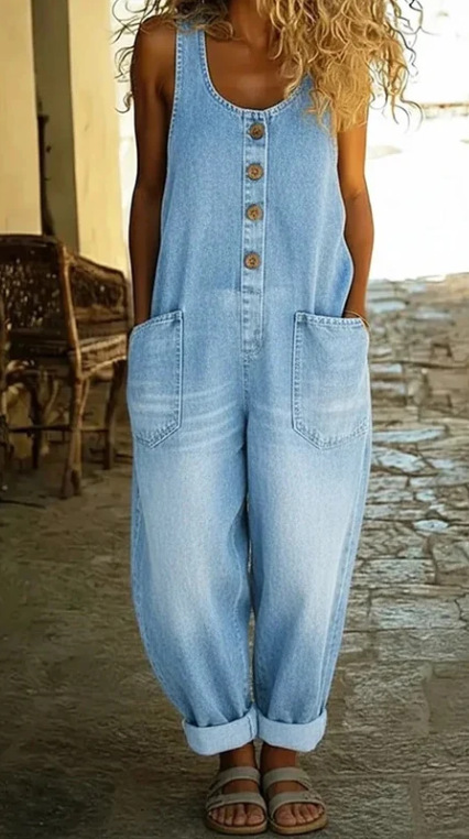 Women's Sleeveless Wide-Leg Denim Overalls with Pockets