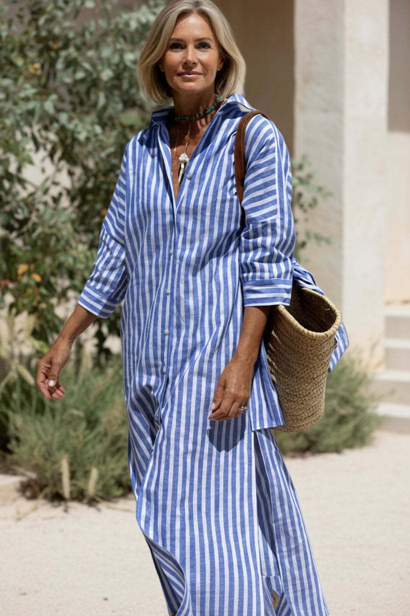 Striped Button-Front Midi Shirt Dress