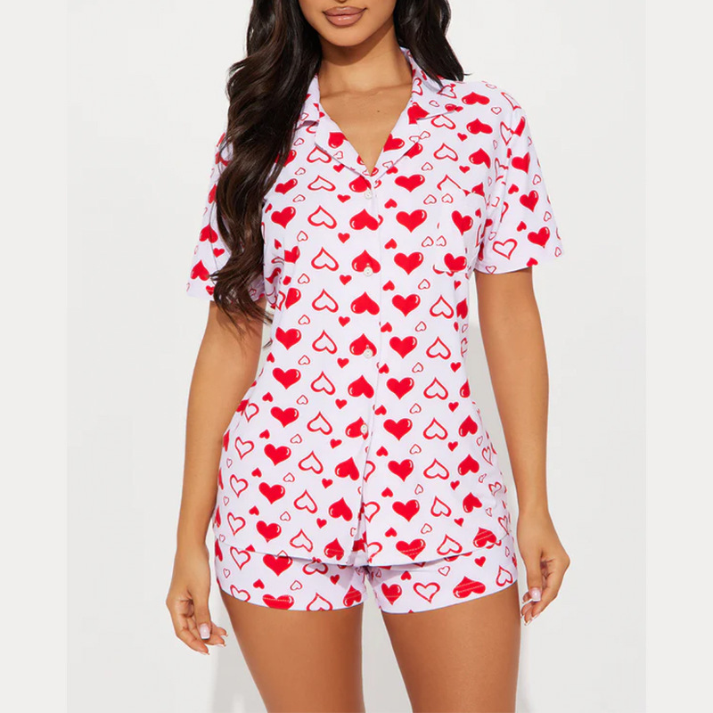 Women's Cuban Collar Lip and Heart Print Short Sleeve Shirt Set