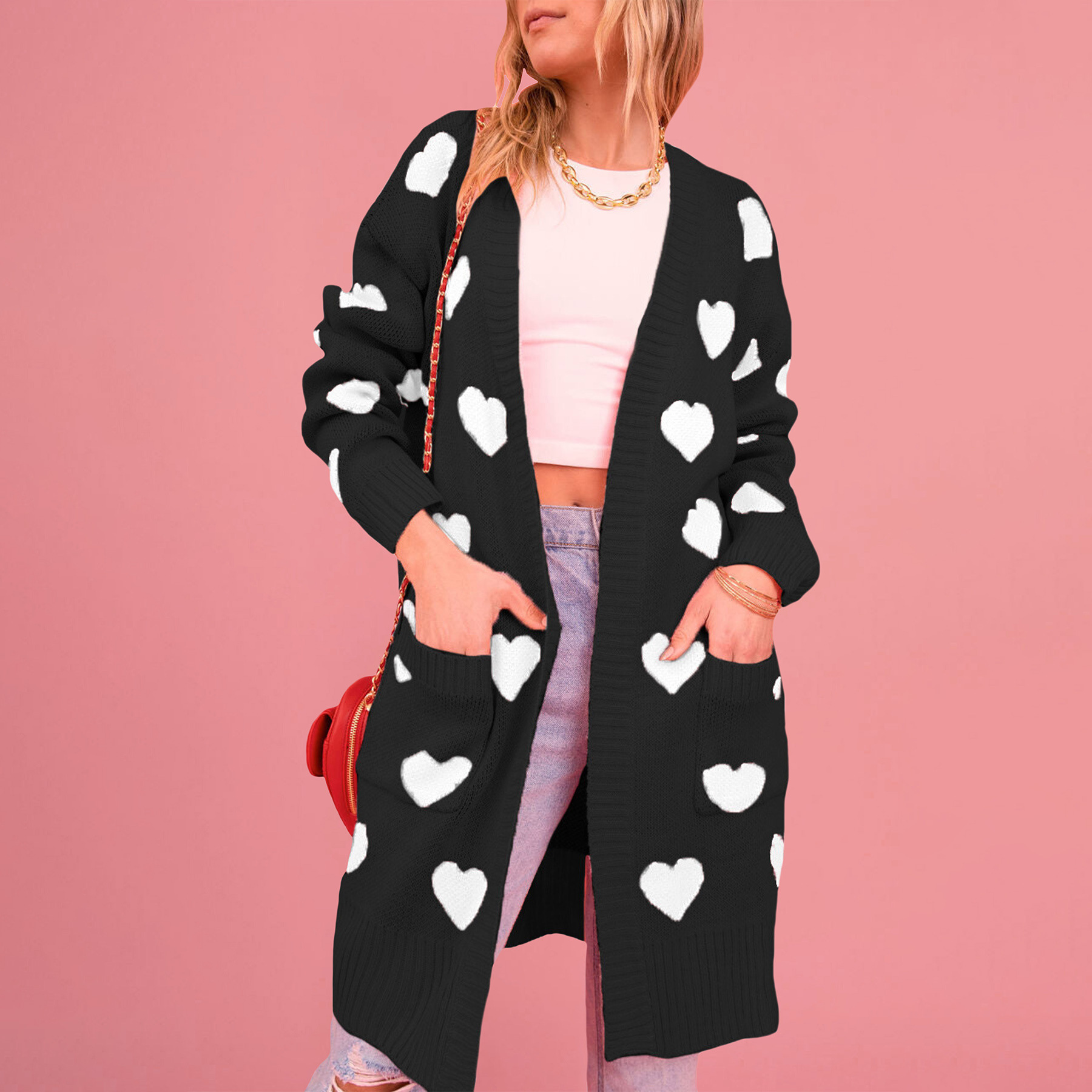 Heart Jacquard Knit Midi Cardigan Sweater Coat Women's Plus Size