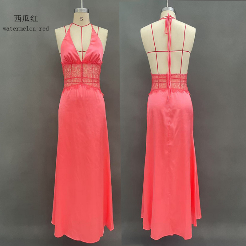Elegant Deep V Satin Halter Maxi Dress with Spliced Waist