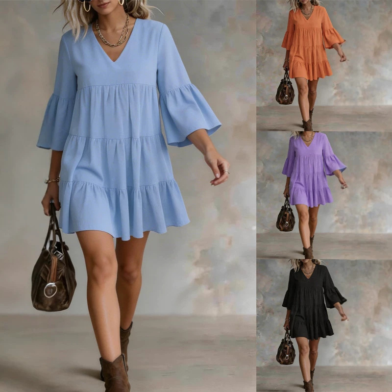 Solid V-Neck Seven-Sleeve Loose Casual Short Dress