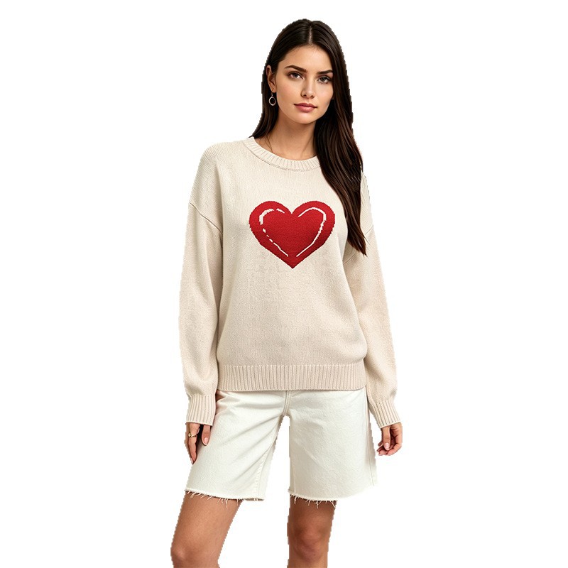 Heart Knit Sweater for Women Crewneck Long Sleeve Pullover