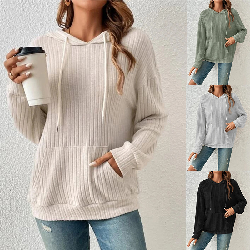 Women's Ribbed Knit Hoodie with Kangaroo Pocket