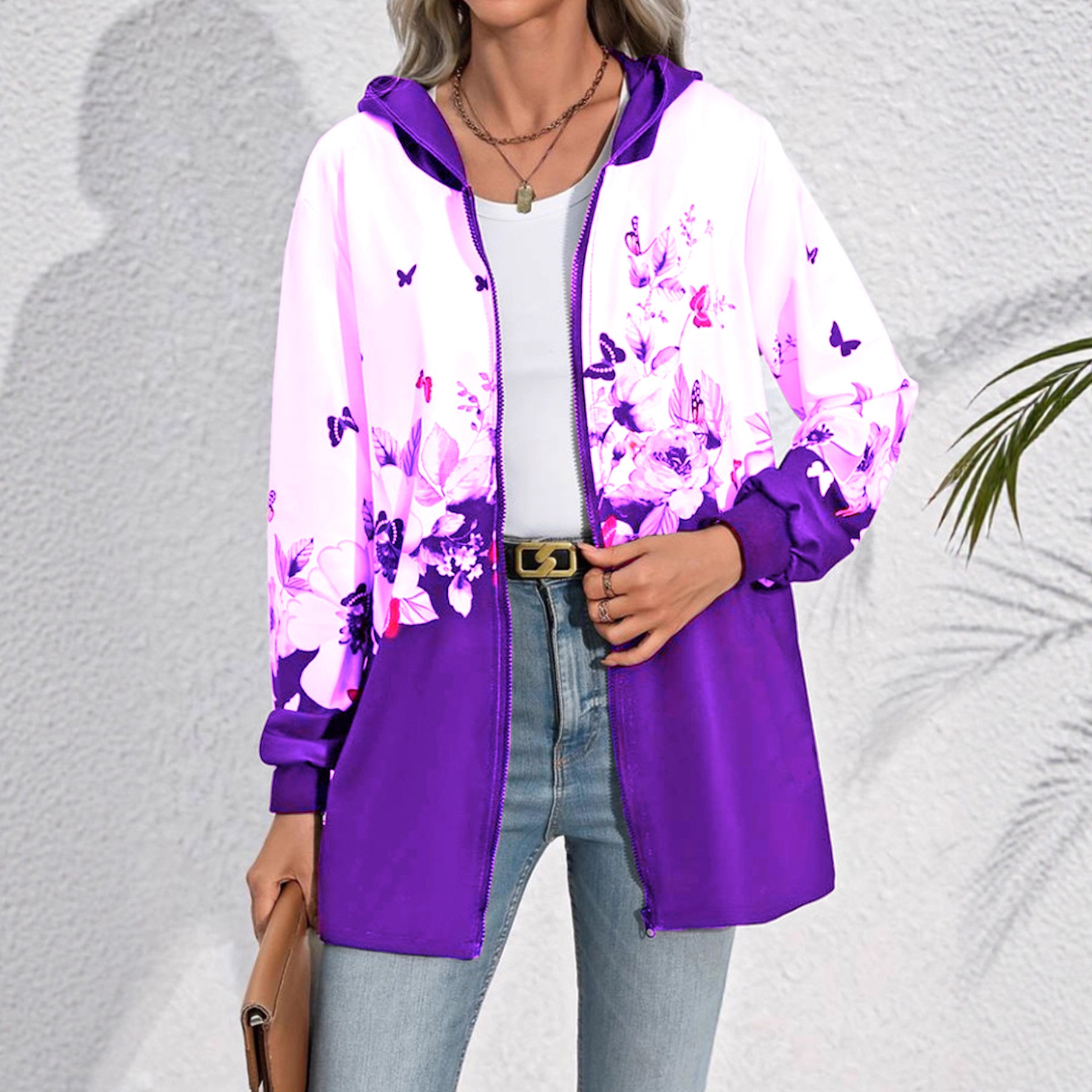 Women's Casual Printed Zip-Up Hooded Mid-Length Jacket