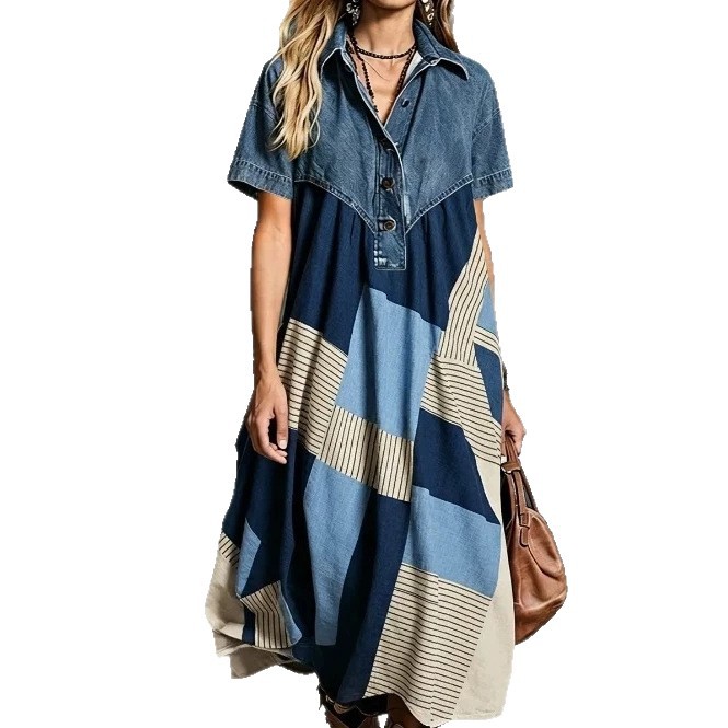 Retro Denim Patchwork Print Loose Casual Dress