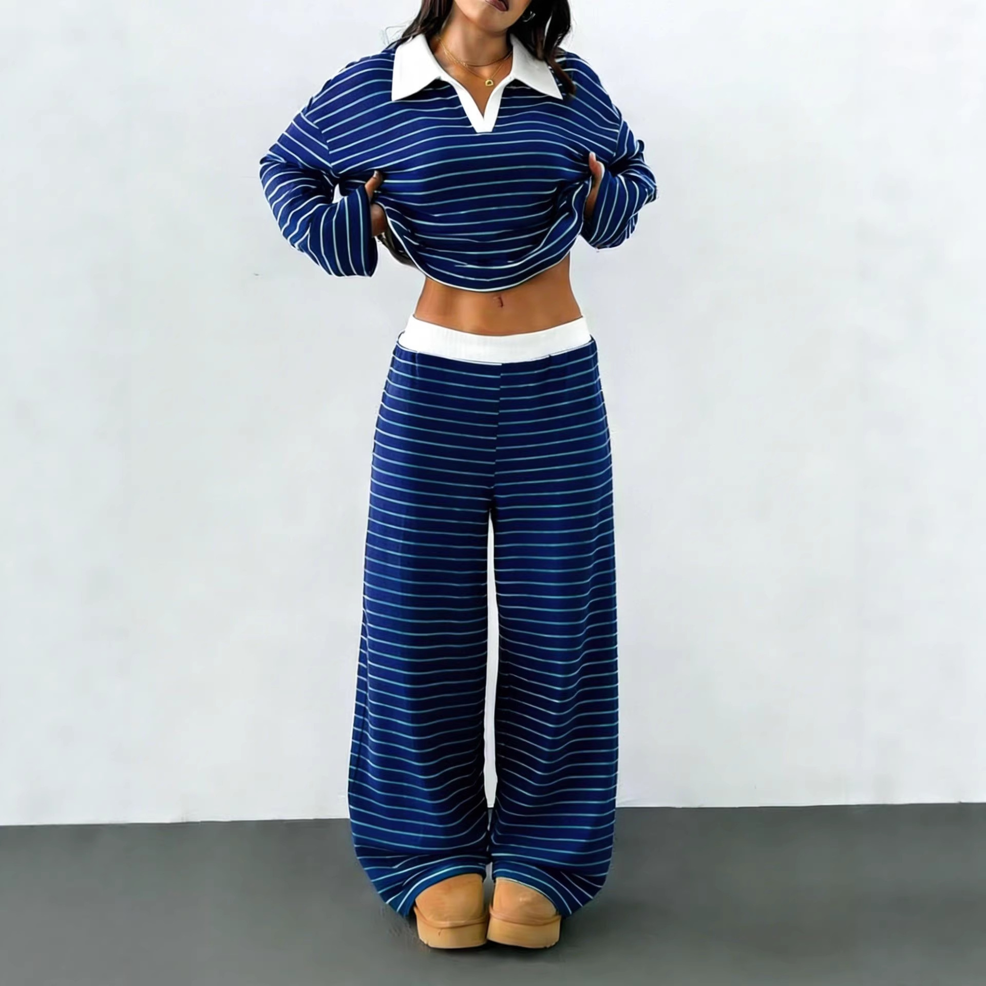 Striped Colorblock Two-Piece Set with Collared Top and Elastic Waist Pants