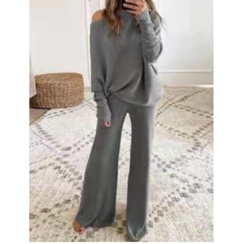 Solid Color Batwing Sleeve Drawstring High Waist Wide Leg Knit Two-Piece Pants Set