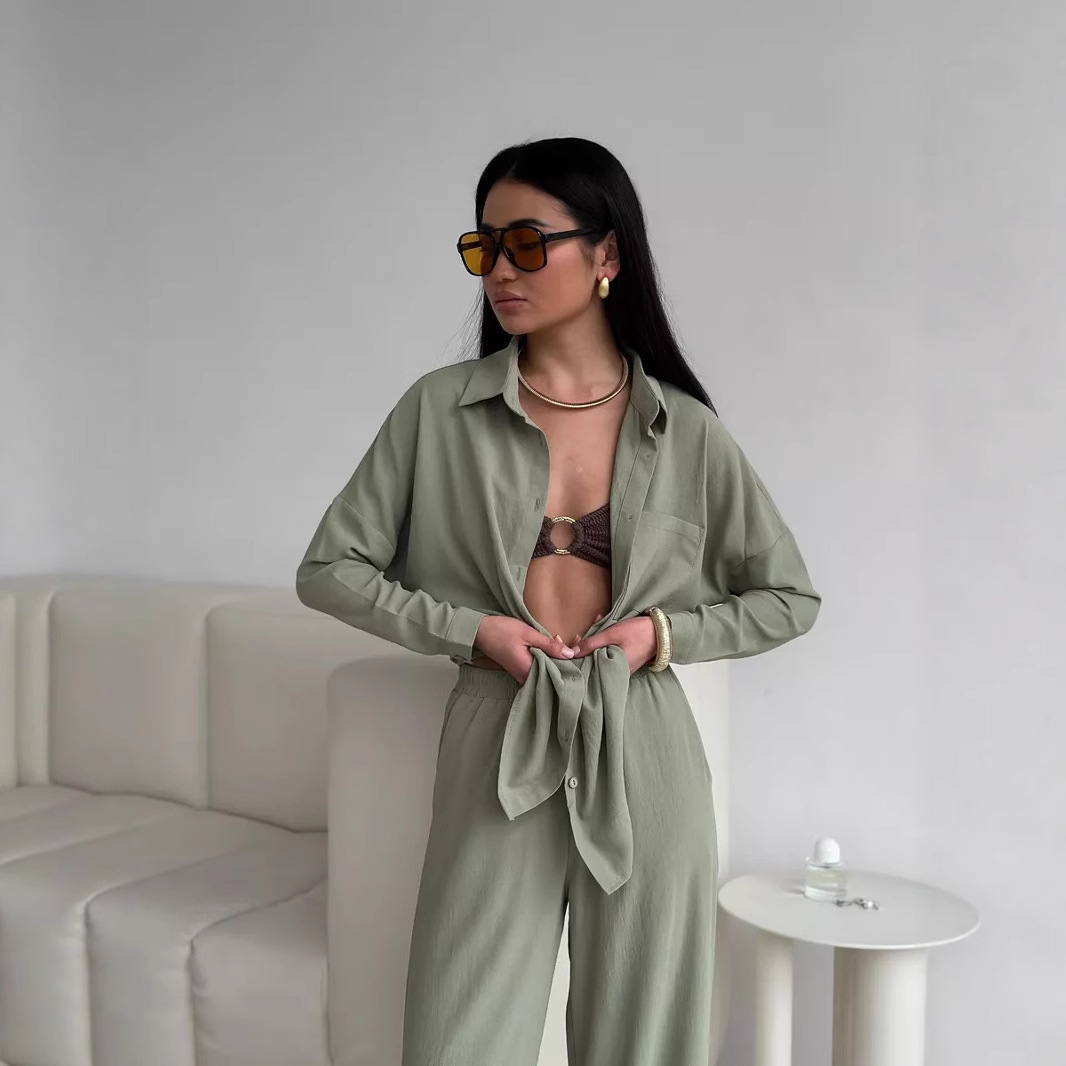 Women's Solid Color Cardigan and Wide-Leg Pants Set with Pockets