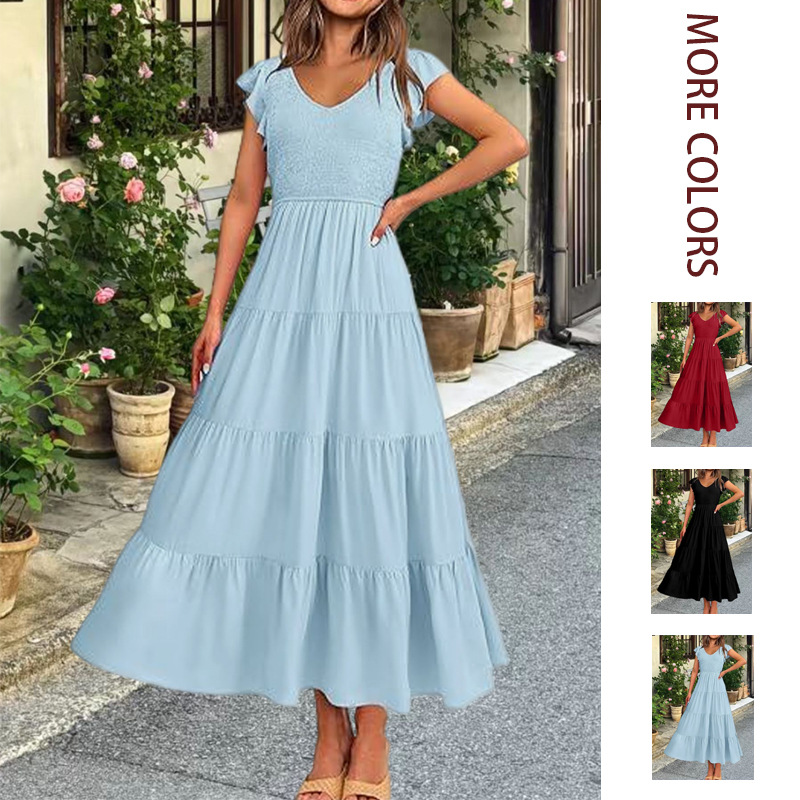 Women's Ruffle Sleeve Smocked A-Line Maxi Dress