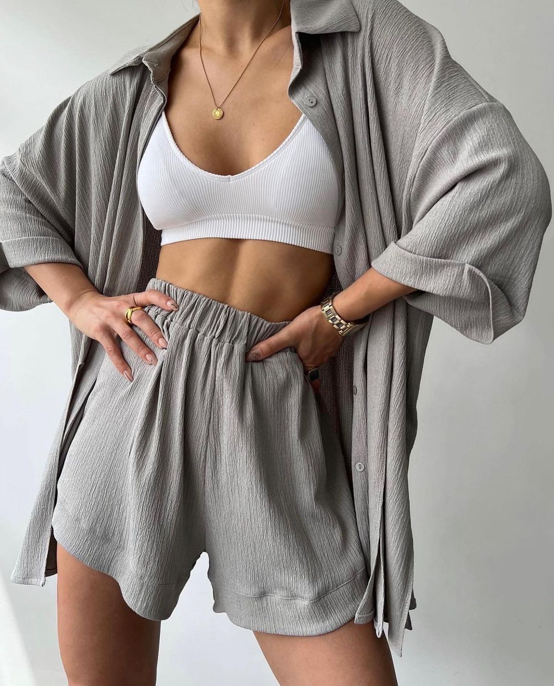 Women's Split Front Midi Sleeve Shirt and Shorts Set