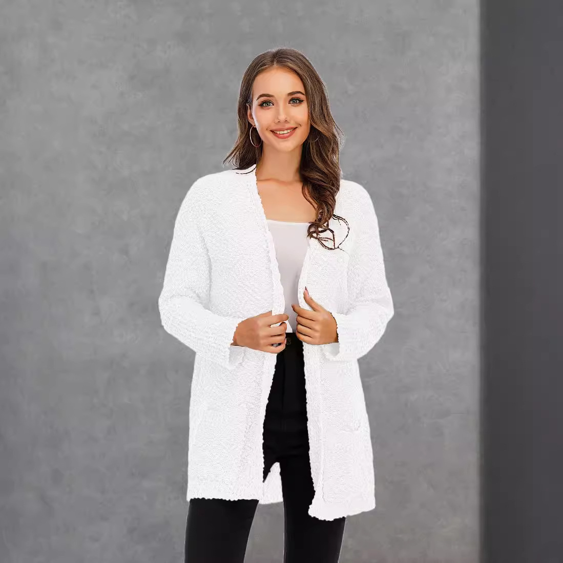 Plus Size Knit Cardigan with Pockets Mid-Length Sweater Coat