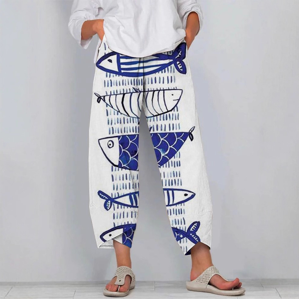 Women's Striped Fish Print Jogger Pants Casual Tapered-Leg