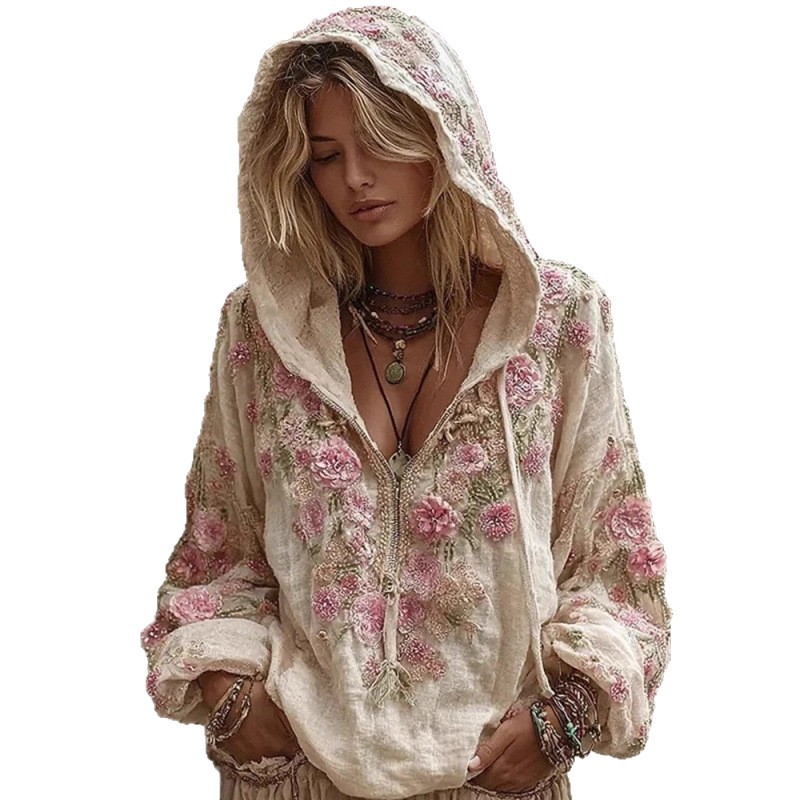 Hooded Zip-Up Sweatshirt with Japanese Cherry Blossom Art Print